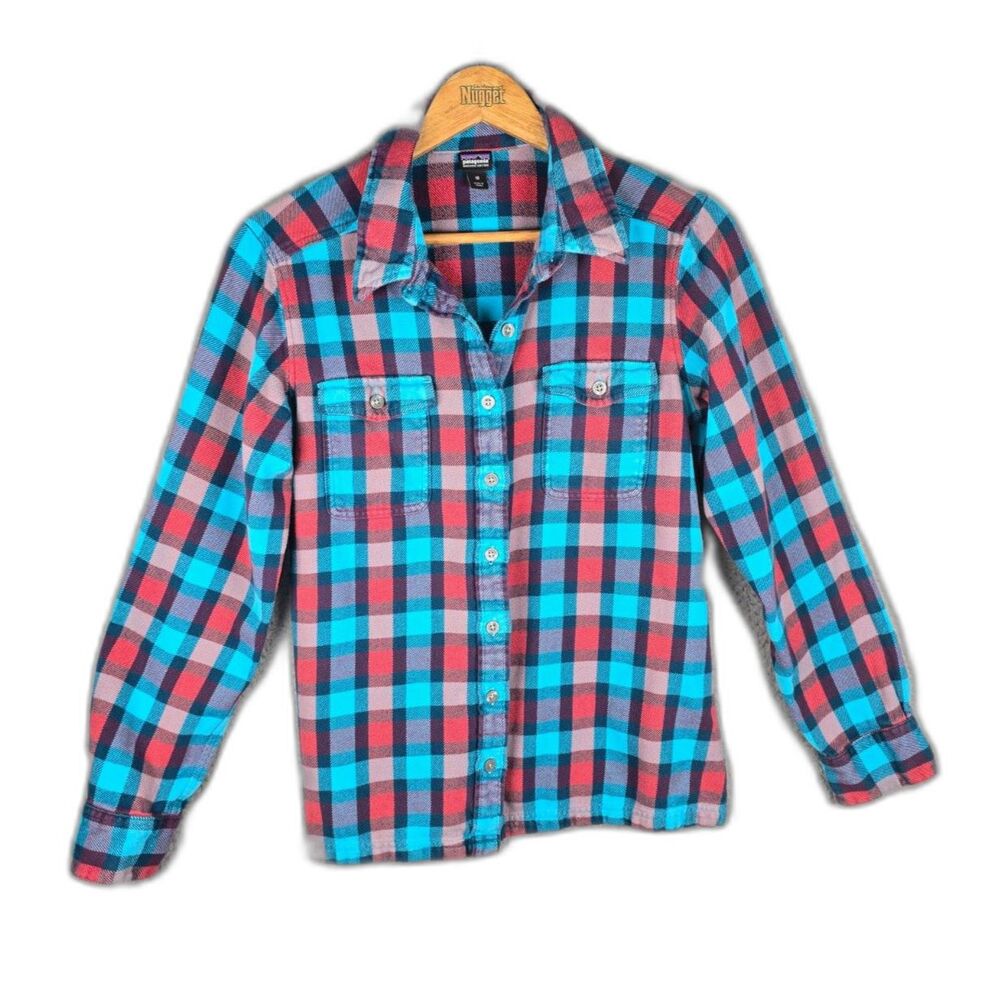 Patagonia Flannel Shirt Blue Red Plaid Size 10 Organic Cotton Outdoor Button Up